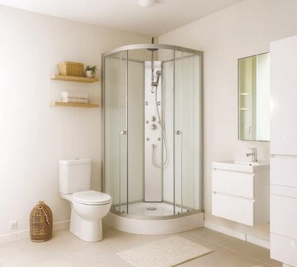 Cabine de douche hydromassage AMELIA, 1/4 de cercle 80x80x224cm, Profils en aluminium gris, Base blanche, Kit de montage inclus, Vidange de 90mm, Sans tuyau de raccordement