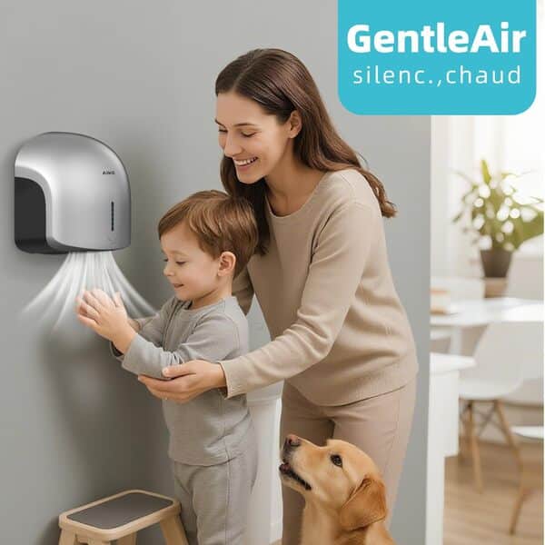 AIKE GentleAir Seche Mains Chauffant Silencieux, pour Maison & Salles de Bain, AC220V-240V, Argent Étoilé