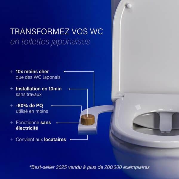 BIDET BOKU - Toilette Japonaise non électrique - Kit WC Japonais Facile à Installer (1 Tuyau + 1 Adaptateur) - 3 Modes, Autonettoyant - Hygiénique, Écologique, Économique - Marque Française