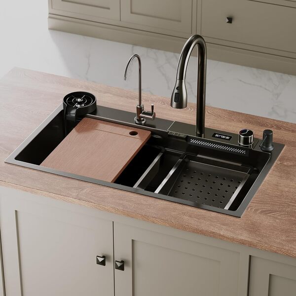 SIRHONA Évier de Cuisine avec Cascade, Évier Multifonction 1 Bac en Inox 80x45 cm, Robinet Rétractable, Avec Affichage de la Température, Noir