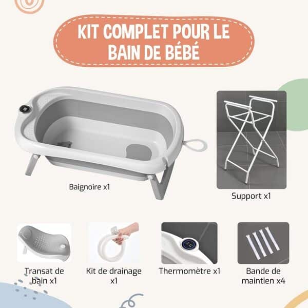 Baignoire Bébé Pliable Sur Pied – Grande Baignoire Xxl Avec Support/Thermomètre 2.0 / Siège Et Kit De Drainage – Bassine Bébé – Idéale Pour La Douche – De La Naissance À 3 Ans - Cadeau Bébé