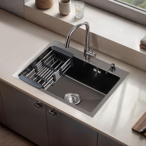 STANEW Évier Cuisine 1 Bac 55 x 45 cm, petit Évier Inox Cuisine inclus avec,Trous pour Robinets et Distributeur de Savon et panier télescopique