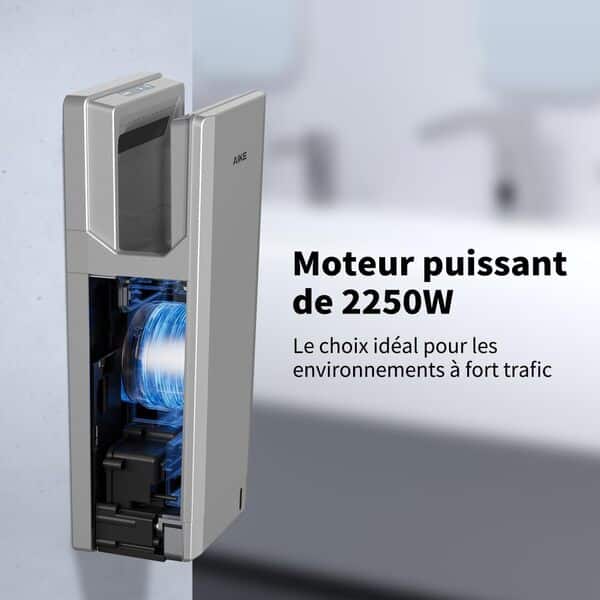 AIKE Swift Sèche-Mains Professionnel avec Filtre HEPA, Design Géométrique, Flux d'air 90M/S, pour Sanitaires à Fort Trafic, 1850W 220V Argent