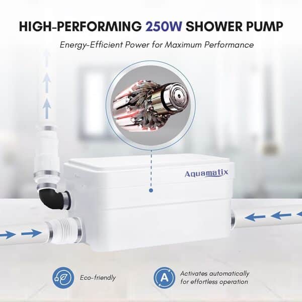 Aquamatix Duscha Pompe de douche 250W Pomp de Relevage Broyeur Sanitaire 10m Distance de pompage verticale 135L/minpour douches, éviers 2 entrées