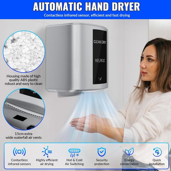 Sèche-Mains 10 Secondes pour sécher,1400w Sèche-Mains électrique à économie d'énergie Automatique à Grande Vitesse,Convient Sèche-Mains Commercial pour Salle de Bain et Toilettes