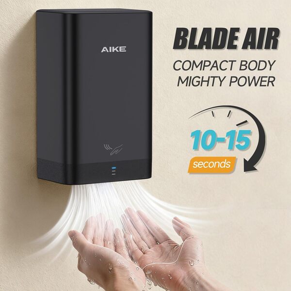 AIKE Sèche-Mains Ultra Compact, Plus Petit qu'une Feuille A4, Remplace Les Essuie-Mains en Salle de Bain, 900W 220V, Haute Vitesse, ABS Résistant, Noir AK2822