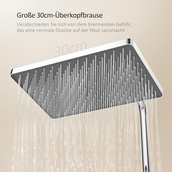 EMKE Colonne de douche Thermostat, 36 x 14 cm étagères en verre, douchette, 3 types de jets, douche à effet pluie, bec verseur, montage mural, Certification KTW, Chrome