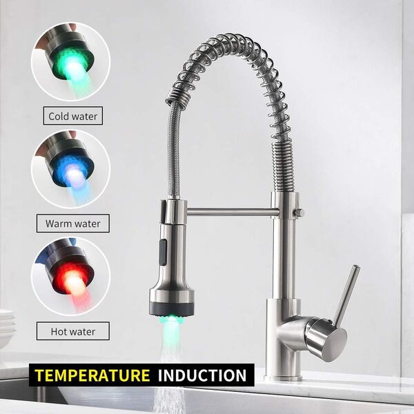 Robinet de cuisine TIMACO LED avec ressort hélicoïdal, robinets de cuisine et lavabo pivotants à 360°, douche extractible - haute pression, nickel brossé