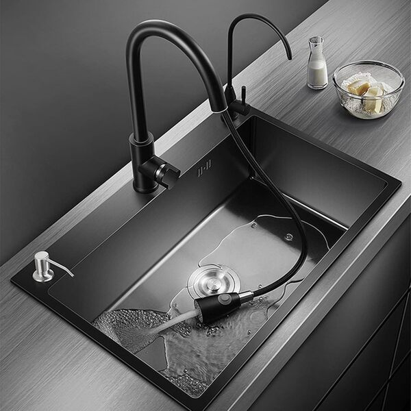 Évier Cuisine Noir en Acier Inoxydable Évier Simple avec Robinet Extensible Grand Cuve 1 Bac Distributeur de Savon Panier égoutteur (55 * 45CM)