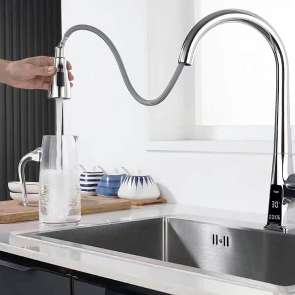 Robinet Cuisine Douchette, Robinet De Cuisine Avec Affichage NuméRique De La TempéRature à Led, 3 Modes De PulvéRisation Mitigeur Cuisine, Robinet D'éVier à Arc éLevé Avec Douchette Extensible,Chrome [Classe énergétique A]