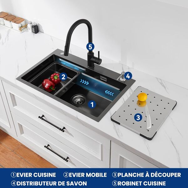 CECIPA Evier Cuisine Noir(Anthracite) 1 Bac avec Robinet extensible, 70x45 CM Grand Evier et Distributeur de Savon, Evier de Cuisine et Évier Mobile et Planche à Découper