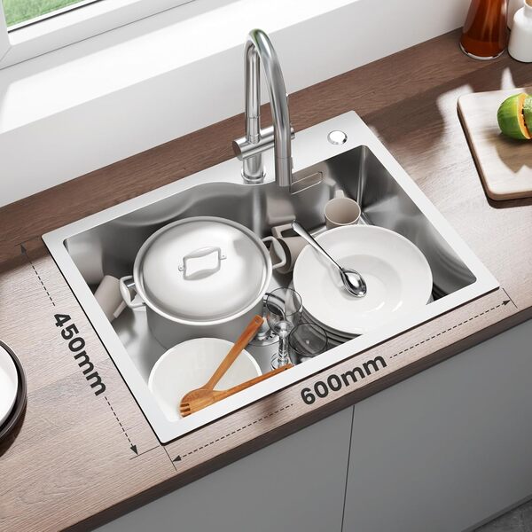 ANYCEE Evier Inox 1 Bac 60 x 45 cm, Evier Cuisine 1 Bac pour Meuble Bas de 60 cm et Plus, Évier Inox avec Trou pour Robinet, Panier d'Égouttage, Siphon et Trop-Plein
