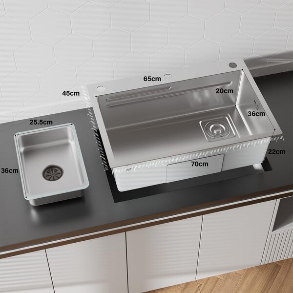 Évier Multifonction 70x45x22cm - Lavabo Cuisine avec Lave Verre, Distributeur de Savon, Panier de Rangement et Planche à Découper | Évier Inox Anti-Rayures avec Vidange Rapide