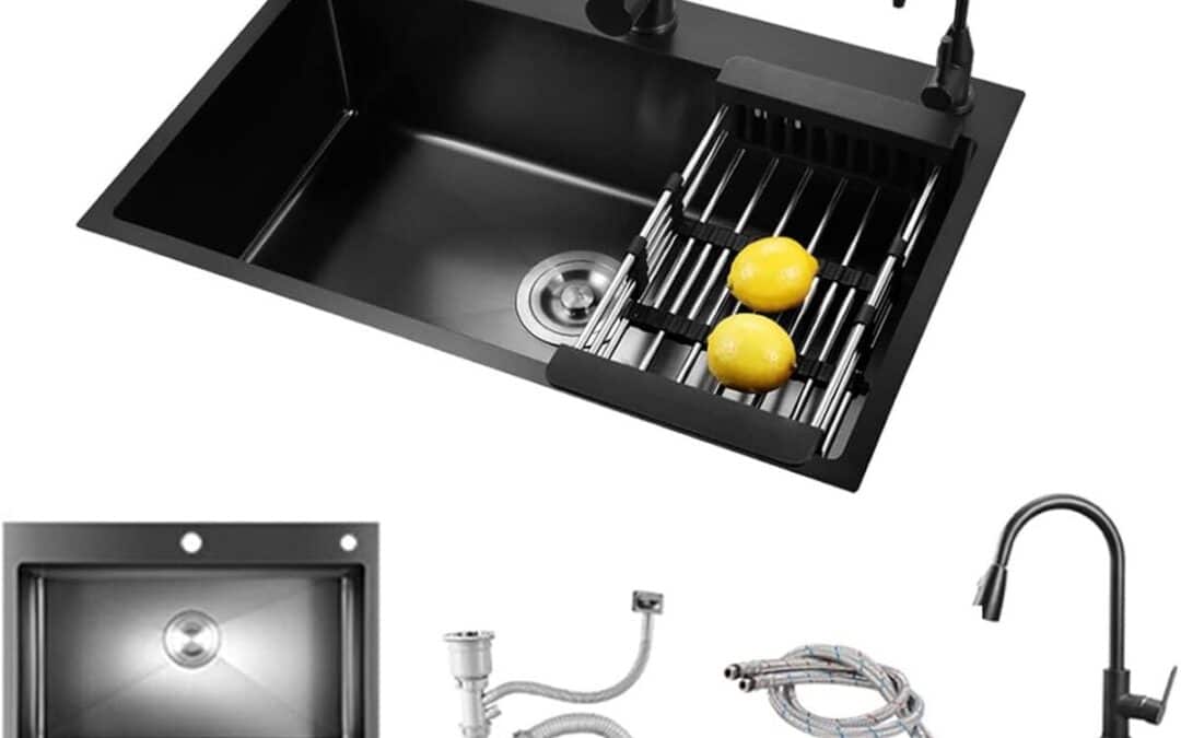 Test évier cuisine noir en acier inoxydable avec robinet extensible