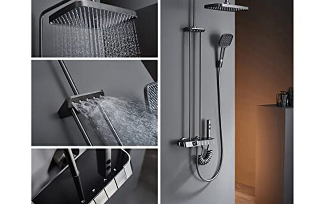 Test du système de douche thermostatique gris : colonne avec affichage et pulvérisateur