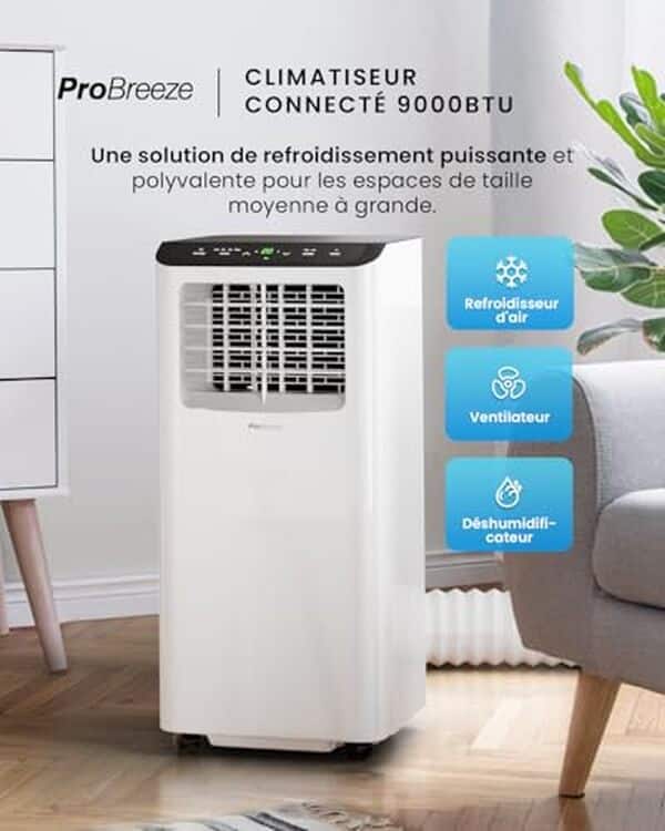 Découvrez notre test complet du climatiseur mobile Pro Breeze 9000 BTU avec WiFi et minuterie : performances, consommation, avantages et inconvénients pour bien choisir votre climatiseur.