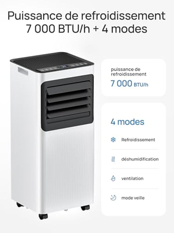 Découvrez notre test détaillé du climatiseur mobile 7000 BTU. Confort 4 en 1 : refroidissement, ventilation, déshumidification et chauffage pour votre maison. 