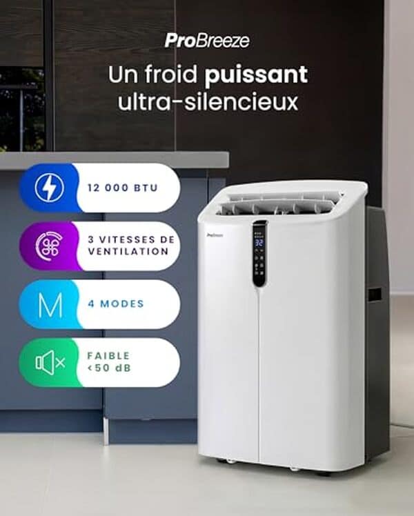 Test du climatiseur mobile Pro Breeze 12000 BTU : découvrez ses performances, son fonctionnement connecté et son niveau sonore réduit pour votre confort